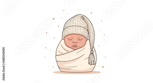 Adorable Baby Swaddled in a Hat, Resting Peacefully on a White Background