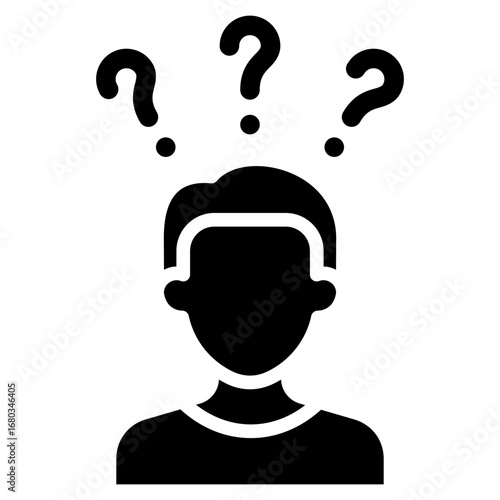 Confused Person Glyph Black Silhouette Icon Design Vector - Human head with multiple question marks above, symbolizing confusion, doubt, or uncertainty