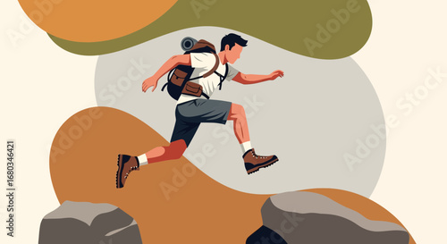 Adventurer Conquering Terrain Depicted In A Bold Illustration With Abstract Elements