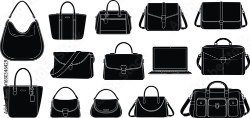 Silhouette vector collection of handbags, briefcases, and laptop, black fashion and business accessories set for e-commerce, design mockups, travel icons, branding elements