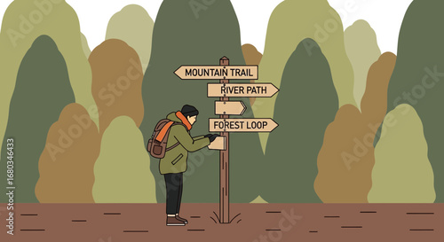 Adventurer Considering Directions Near Mountainous Terrain While Backpacking Outdoors