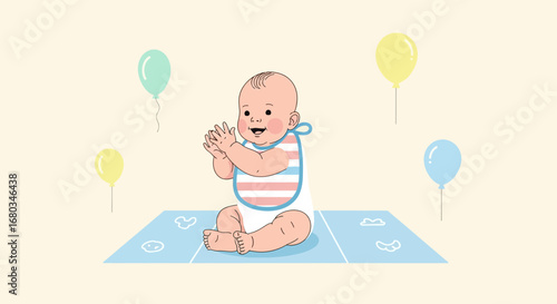 Adorable Baby with Joyful Expression Playing with Balloons and Clapping Hands