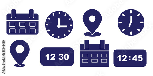 Address. time, and date icon vector. Event elements isolated on transparent background. Clock, pin map location,