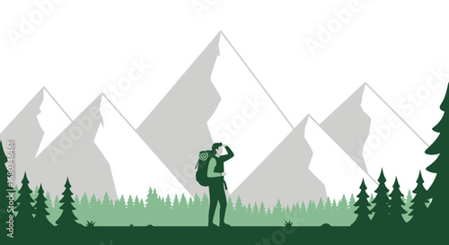 Adventurer Contemplating Mountain Landscape With Lush Green Forest And Majestic Peaks
