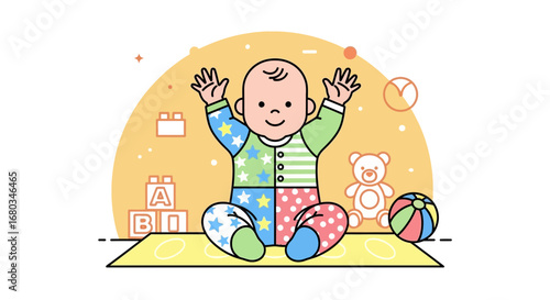 Adorable baby with arms up happily in front of colorful toys, sitting, vector illustration