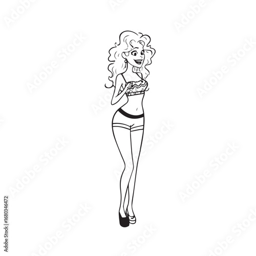 Beautiful Woman Black and White Vector Image Illustration Fashion Girl Portrait Line Art Drawing