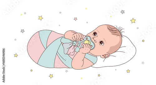 Adorable Baby With Pacifier Resting Comfortably Amidst Soft Stars And Gentle Pillow