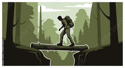 Adventurer Crossing Log Bridge Amidst Lush Forest, Seeking Discovery and Experience