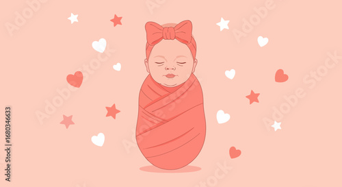 Adorable Baby Wrapped In a Swaddle Blanket Adorned With Hearts, Stars, and a Bow