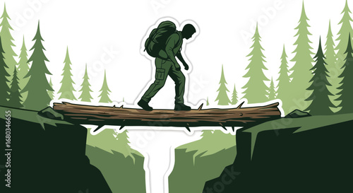 Adventurer Crossing Log Bridge In Peaceful Wilderness, Courageous Exploration Illustration