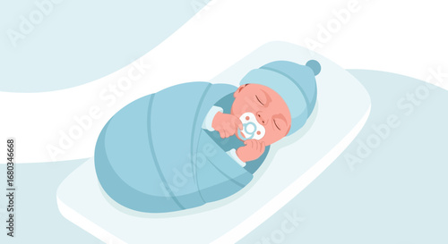 Adorable Baby Wrapped in Blue, Sleeping Peacefully on a Soft, Light Blue Surface