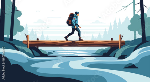Adventurer Crossing Stream Over Wooden Bridge In Serene And Natural Landscape