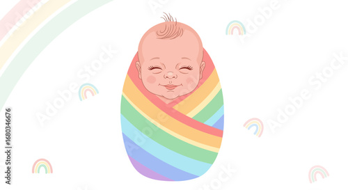 Adorable Baby Wrapped In Rainbow Swaddle With Smiling Expression Over White Background