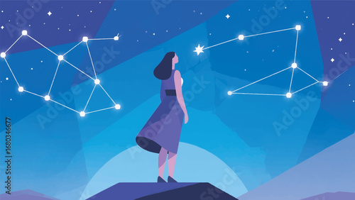 Illustration of Woman Standing on a Hill Looking at the Stars Design Template with Night Sky Background