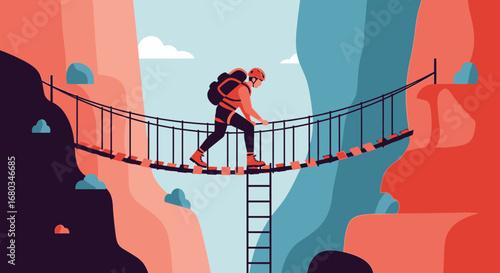 Adventurer Crossing Suspension Bridge, Striving For Success In The Rugged Wilderness Environment