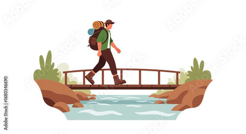 Adventurer Crossing The Bridge Hiking Illustration In Nature, Journey, Outdoor Activity