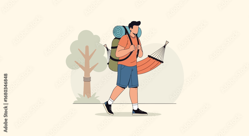 Obraz premium Adventurer Embarking, Carrying Backpack, Approaching Hammock, Nature Scene, Outdoor Escape