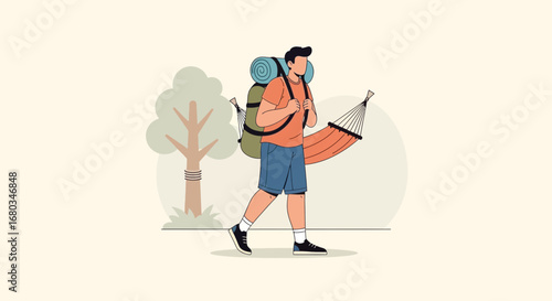 Adventurer Embarking, Carrying Backpack, Approaching Hammock, Nature Scene, Outdoor Escape