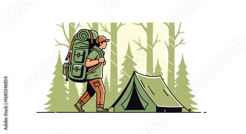 Adventurer Embarking On Forest Trek Towards Camp, Ready For Wilderness Exploration And Nature