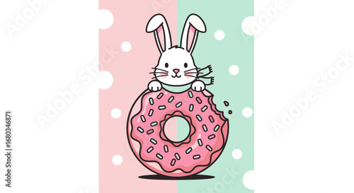 Adorable Bunny Embraces a Delicious Frosted Donut, Cheerful and Delightful Illustration