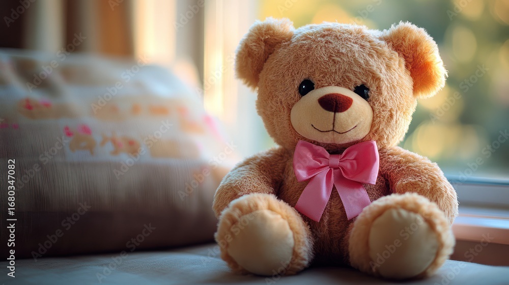 Fototapeta premium Plush bear sits near window, sunlight streams in