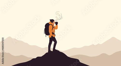 Adventurer Enjoys Coffee Atop Mountain, Capturing Dramatic Views of the Landscape
