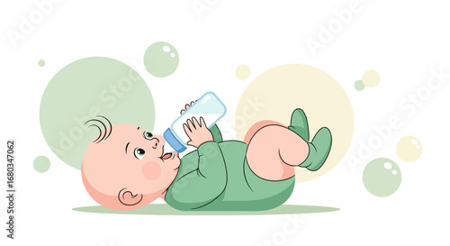 Adorable cartoon baby drinking milk from a bottle, vector illustration on white background