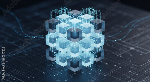 Abstract technology cube network connection data flow blockchain computing and digital transformation concept
