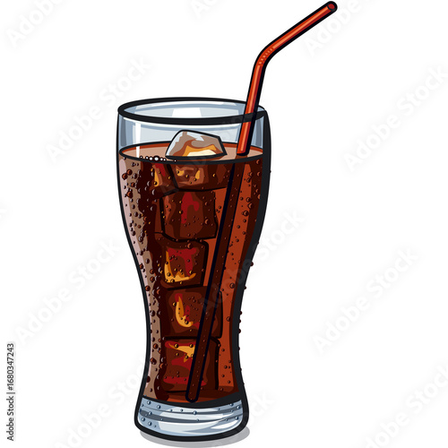 A cartoon-style illustration of a cola drink with ice cubes and a red straw in a tall glass, showing condensation.

