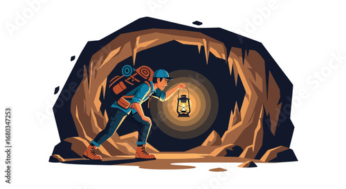 Adventurer Exploring Dark Cave With Lantern, Discovering Hidden Treasures and Mysterious Paths