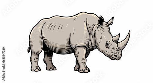 Detailed illustration of a rhinoceros with its horn and thick skin.
