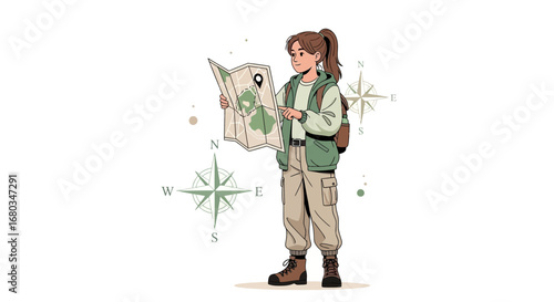 Adventurer Exploring Map Compass Guide With Navigation And Hiking Essentials