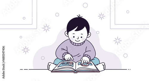 Adorable cartoon illustration of a child reading a colorful picture book with joy