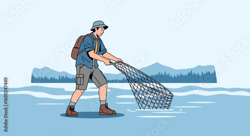 Adventurer Fishing With a Net in Lakeside, Capturing the Thrill of Outdoors Pursuit