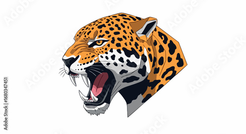 Fierce Roaring Jaguar Head with Open Mouth and Fangs.
