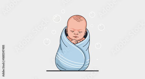 Adorable Cartoon Illustration of a Newborn Baby Wrapped in a Baby Blanket