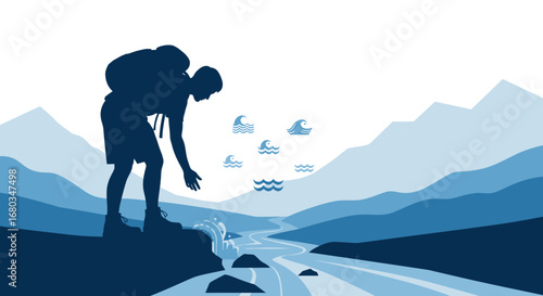 Adventurer Gazing at Flowing Water in Stunning Landscape, Achieving New Heights