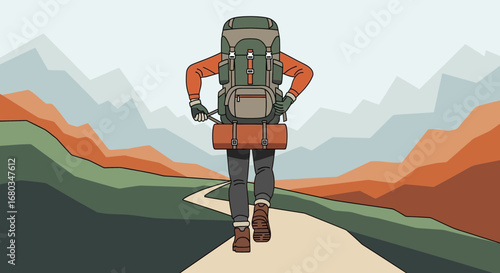 Adventurer Hikes Toward Mountains With A Backpack on A Picturesque Hiking Trail