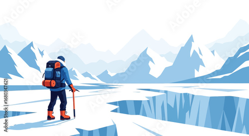 Adventurer Hiking Across Icy Terrain With Mountains, Winter Expedition Concept Illustrative