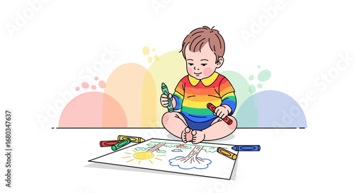 Adorable Child Drawing, Rainbow Outfit, Artistic Creation, Colorful Imagination Illustration
