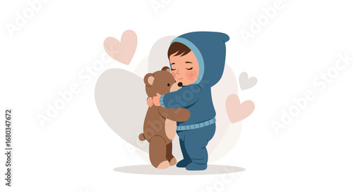 Adorable child embracing a teddy bear with hearts in a loving cartoon illustration, baby love