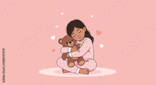 Adorable Child Embraces Teddy Bear Amidst Heart-Shaped Accents In Pink Background