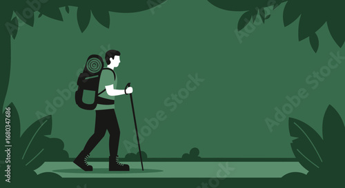 Adventurer Hiking Along A Forest Trail Amidst Green Vegetation Silhouettes
