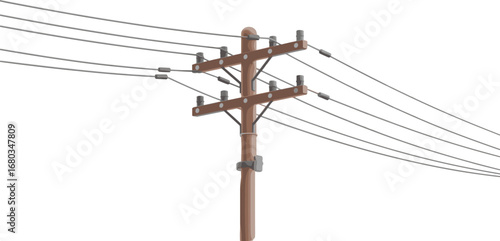 Wooden utility pole with electrical wires and insulators, realistic 3D vector illustration, overhead power lines for energy, communication, and infrastructure design projects