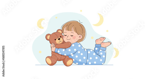 Adorable child hugging a teddy bear, bedtime, sleep, and dream concept illustration