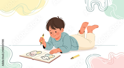 Adorable child lying down coloring pictures with crayons illustration vector art