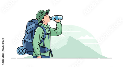Adventurer Hydrating During Hiking Adventure, Quenching Thirst Amidst Mountain Scenery