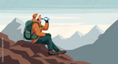 Adventurer Hydrating While Enjoying Serene Mountain Vista Scenery During Trekking Expedition