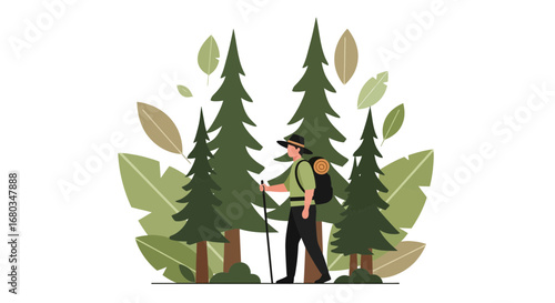 Adventurer in Nature: Hiking Through Lush Green Forest, Discovering Fresh Air and Adventures