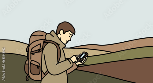Adventurer Navigating Landscape Using Mobile, Seeking Direction, Cartography Illustration